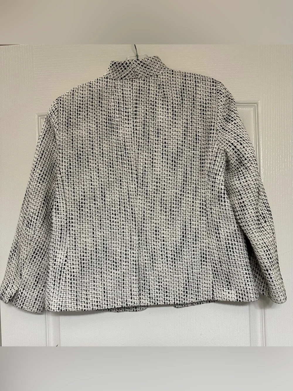 J.Crew Tweed Open Front Blazer Black White Collarless Jacket LP